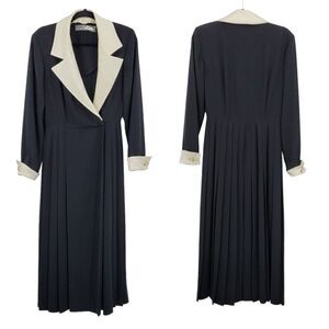 Vintage Liz Claiborne Modest Maxi Dress XS Black Color Block Long Sleeve Pleated